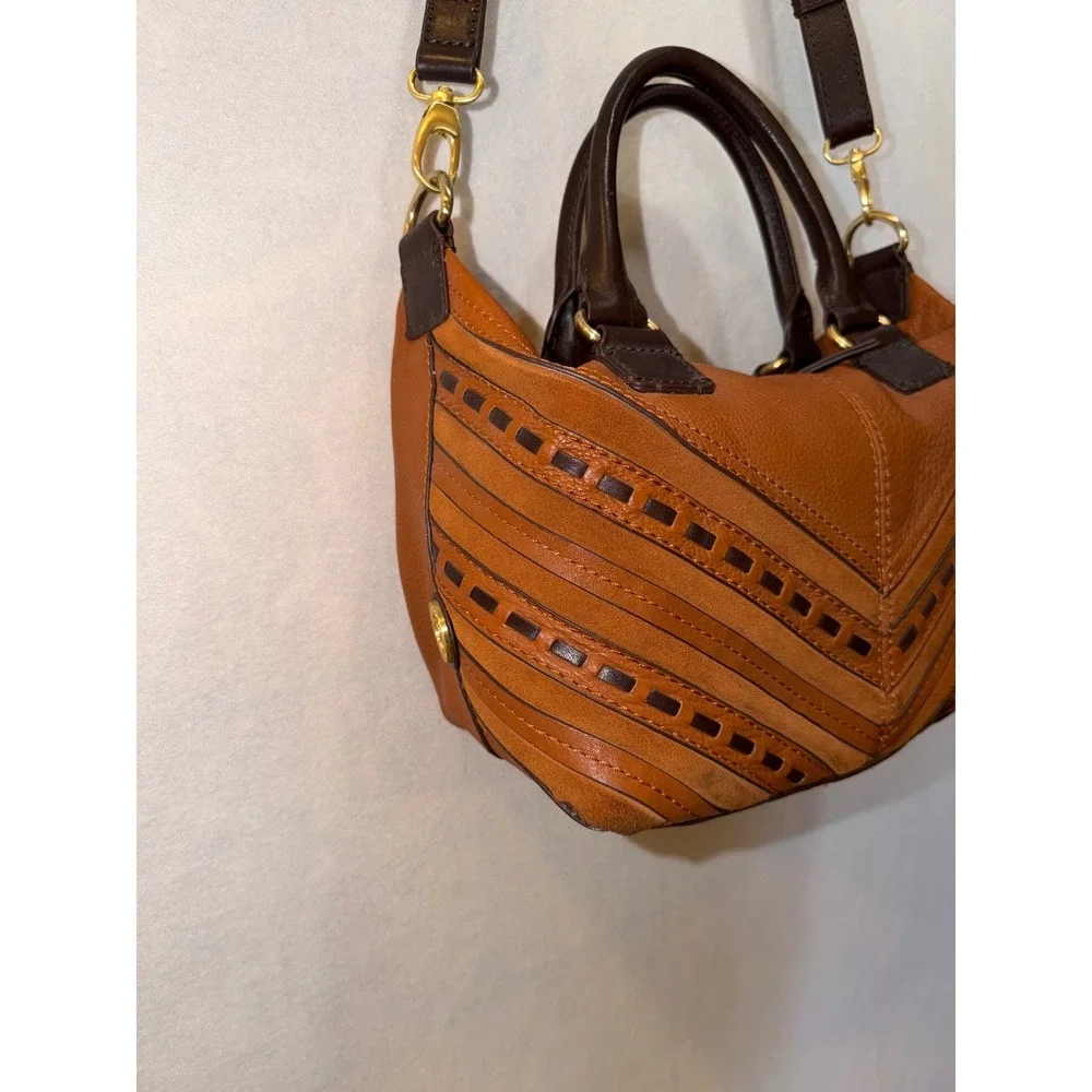 Isabella‎ Fiore Leather Chevron Satchel Crossbody Bag Tan Brown